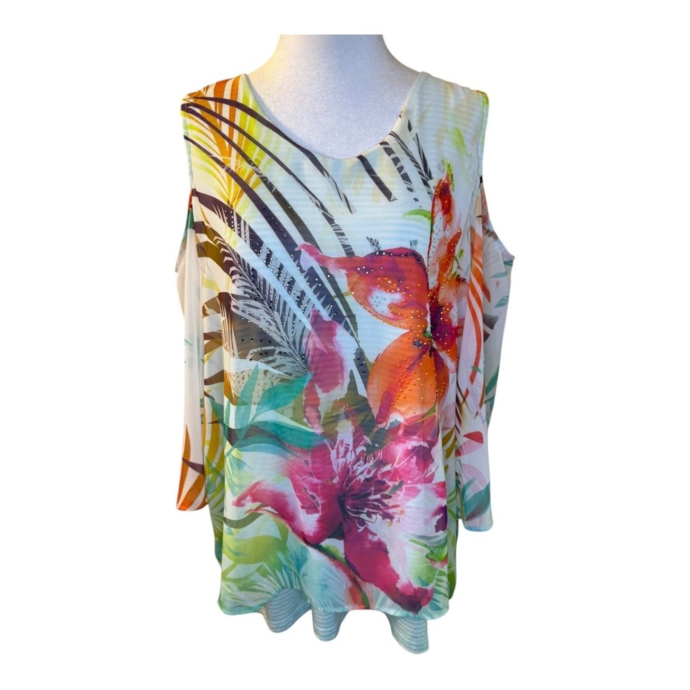 Christopher & Banks Floral Cold Shoulder Blouse Sheer Top Lightweight Size Large